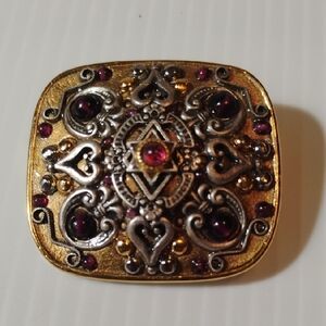 Michal Golan VTG gold and silver tone ornate brooch with garnet cabochons